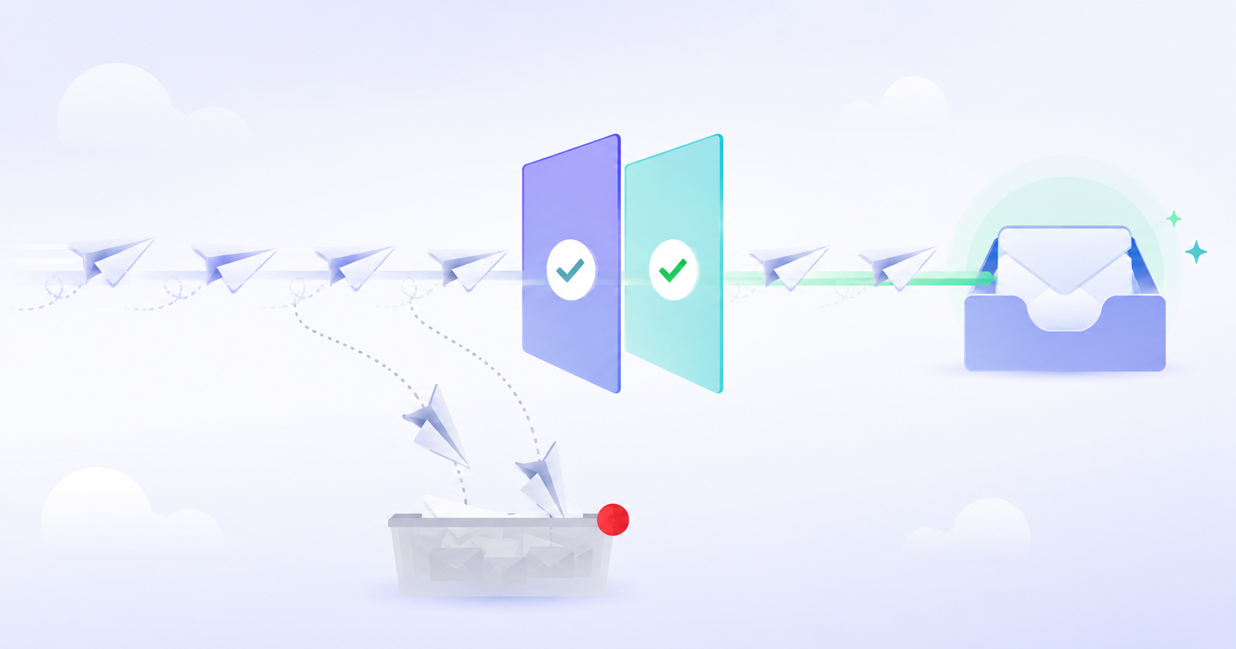 Flat vector illustration of paper-plane email icons flying toward an inbox on a soft blue gradient background. Most emails pass through an indigo and teal security checkpoint with green checkmarks, while a few are diverted into a faded spam tray marked with a small red notification dot, representing email filtering and inbox deliverability.