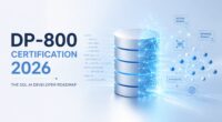 DP-800 Certification 2026 cover showing a SQL database transforming into AI-powered vector and semantic search technology