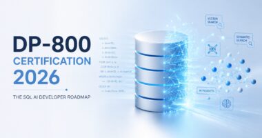 DP-800 Certification 2026 cover showing a SQL database transforming into AI-powered vector and semantic search technology