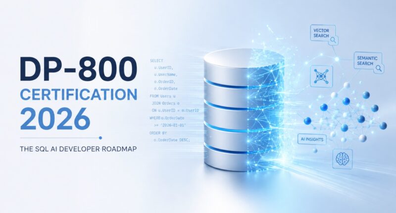 DP-800 Certification 2026 cover showing a SQL database transforming into AI-powered vector and semantic search technology